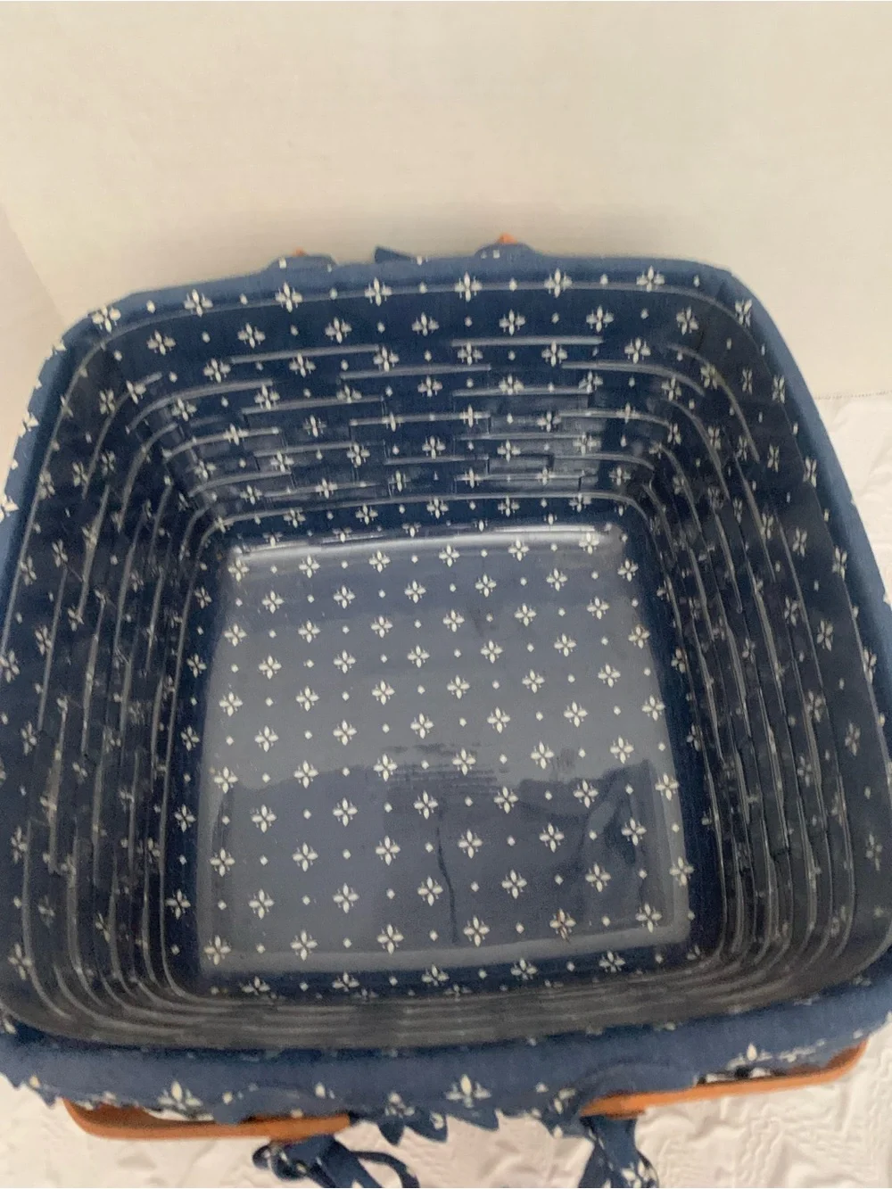1994 Longaberger Handwoven Medium Rect Basket w/ Blue Liner Handle 10x10x11